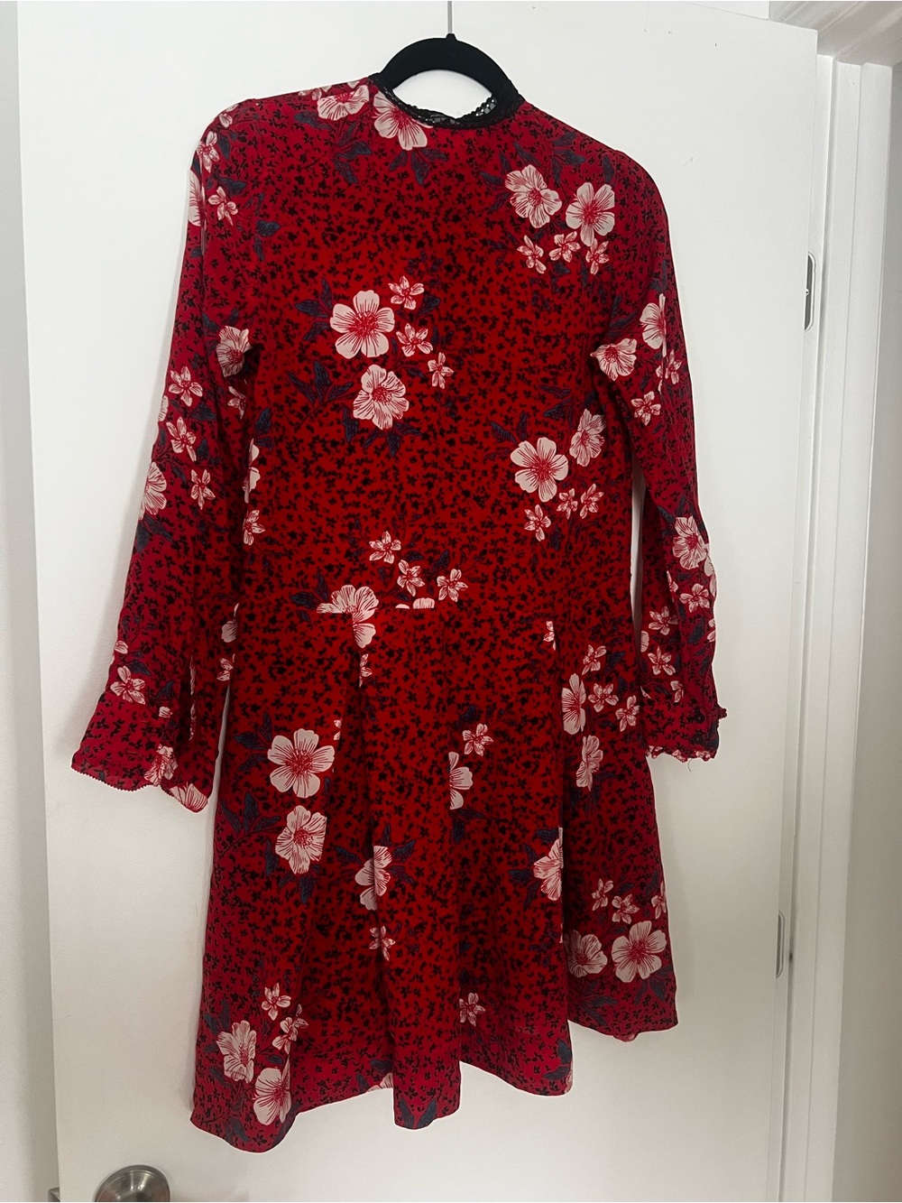 Zadig & Voltaire 100% silk mini dress, long sleeve, red with floral print